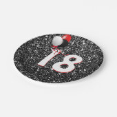 18e verjaardag ballonnen op zwarte glitter papieren bordje (Gekanteld)