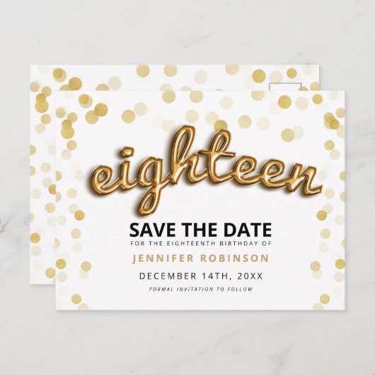 18e verjaardag Bewaar de datum Gouden Ballonnen Gl Aankondigingskaart (Voorkant / Achterkant)