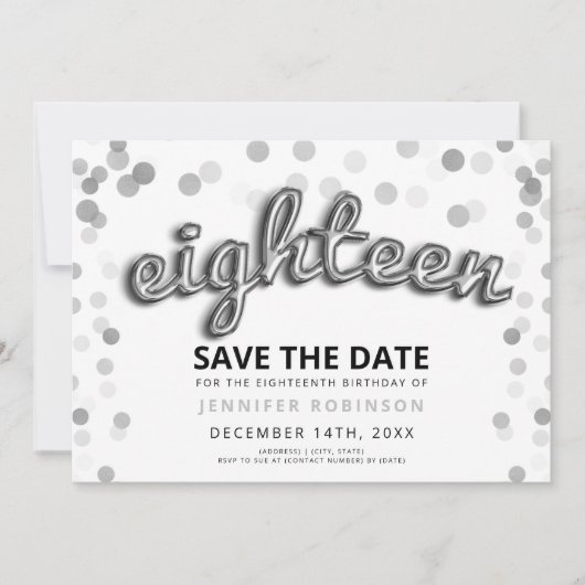 18e verjaardag Bewaar de datum Zilveren ballon gli Kaart (Voorkant)