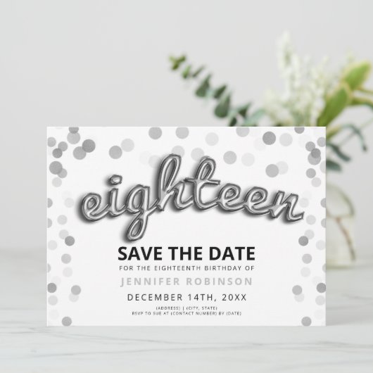 18e verjaardag Bewaar de datum Zilveren ballon gli Kaart (Staand voorkant)