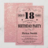 18e Verjaardag Black en Pink Rose Gold Glitter Kaart (Voorkant / Achterkant)