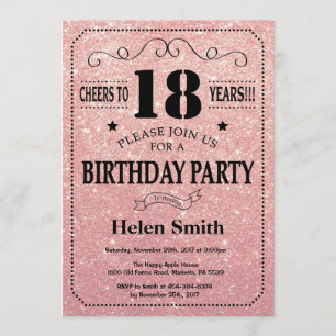 18e Verjaardag Black en Pink Rose Gold Glitter Kaart