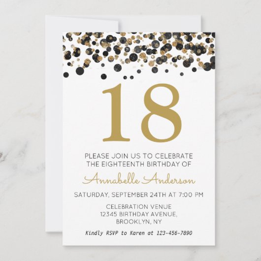 18e Verjaardag Black Gold Glitter Sparkle Confetti Kaart (Voorkant)