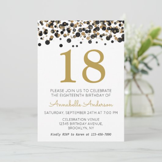 18e Verjaardag Black Gold Glitter Sparkle Confetti Kaart (Staand voorkant)