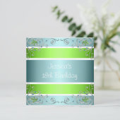 18e verjaardag Blauw Groen Wit zilver Metaal Flora Kaart (Staand voorkant)