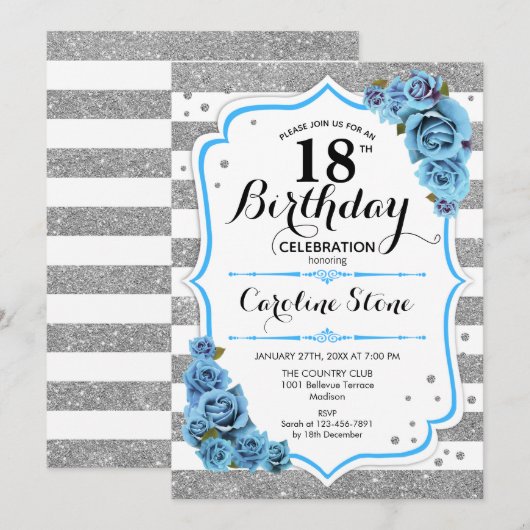 18e verjaardag - Blauw Zilver Wit Strepen Kaart (Voorkant / Achterkant)