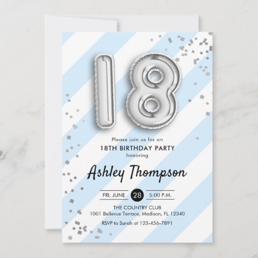 18e verjaardag - Blauwe Strepen en Zilveren Ballon Kaart (Voorkant)