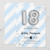 18e verjaardag - Blauwe Strepen en Zilveren Ballon Kaart (Voorkant / Achterkant)