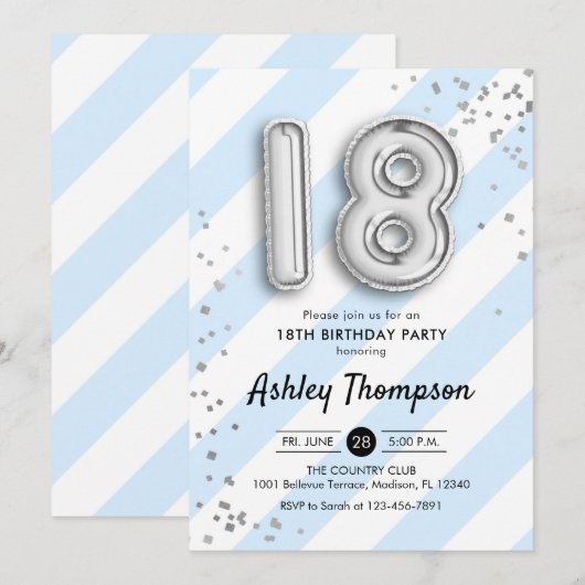 18e verjaardag - Blauwe Strepen en Zilveren Ballon Kaart (Voorkant / Achterkant)