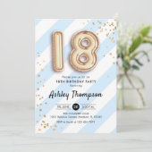 18e verjaardag - Blauwe Strepen Gouden Ballonnen Kaart (Staand voorkant)