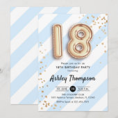 18e verjaardag - Blauwe Strepen Gouden Ballonnen Kaart (Voorkant / Achterkant)