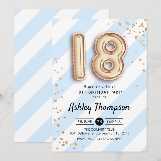 18e verjaardag - Blauwe Strepen Gouden Ballonnen Kaart (Voorkant / Achterkant)