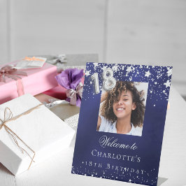 18e verjaardag blauwe zilveren sterren foto welkom reclamebord met voetstuk