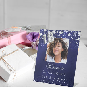 18e verjaardag blauwe zilveren sterren foto welkom reclamebord met voetstuk