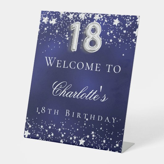 18e verjaardag blauwe zilveren sterren welkomstfee reclamebord met voetstuk (Voorkant)