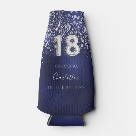 18e verjaardag - blauwe zilverglitter naam flesjeskoeler