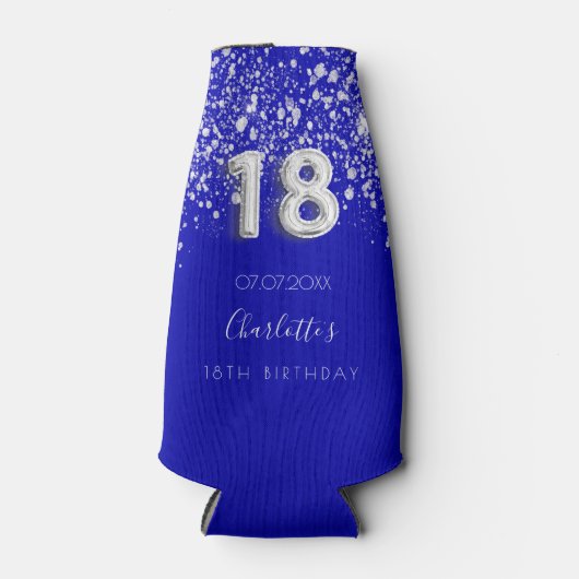 18e verjaardag - blauwe zilverglitter naam flesjeskoeler (Voorkant)