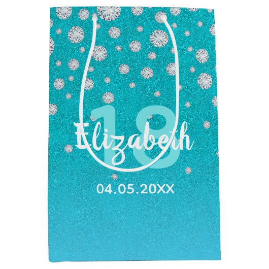 18e verjaardag blauwgroen blauwe groene glitter na medium cadeauzakje (Voorkant)