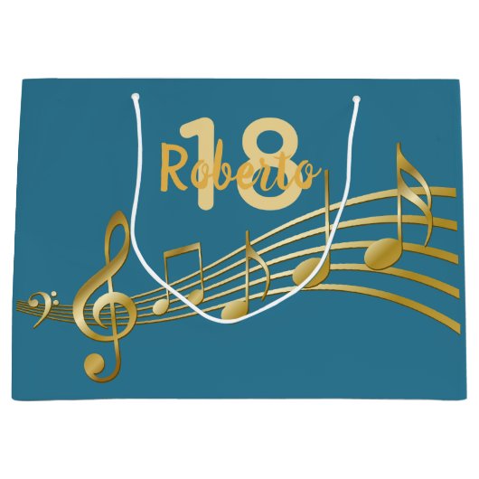 18e verjaardag blauwgroen groene muzieknoten groot cadeauzakje (Voorkant)