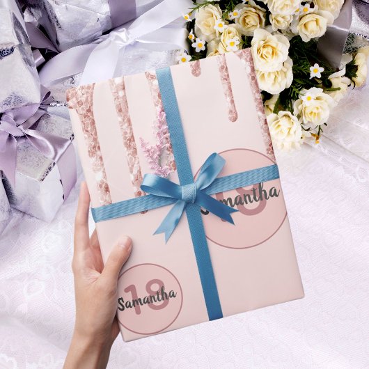 18e verjaardag bloedige roos gouden glitterdruppel cadeaupapier