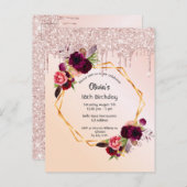 18e verjaardag bloem roos goudglitter uitnodiging (Voorkant / Achterkant)