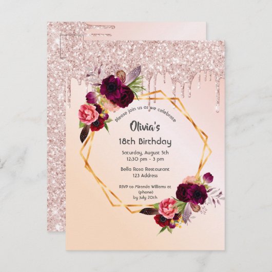 18e verjaardag bloem roos goudglitter uitnodiging (Voorkant / Achterkant)