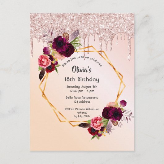 18e verjaardag bloem roos goudglitter uitnodiging (Voorkant)