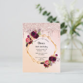 18e verjaardag bloem roos goudglitter uitnodiging (Staand voorkant)