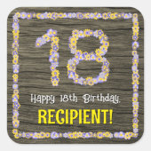 18e verjaardag: Bloemennummer, Faux Wood Look, Naa Vierkante Sticker (Voorkant)