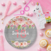 18e verjaardag blozen grijs hout rustic papieren bordje (Feest)