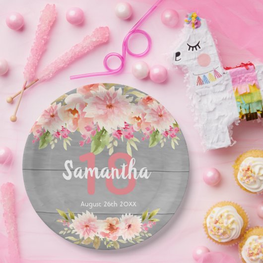 18e verjaardag blozen grijs hout rustic papieren bordje (Feest)