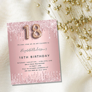 18e verjaardag blush roze glitter budget uitnodigi flyer