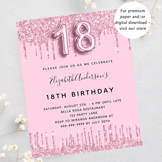 18e verjaardag blush roze glitter budget uitnodigi flyer