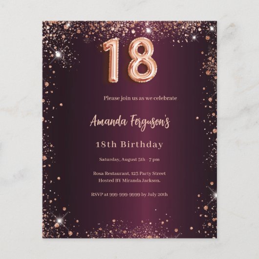 18e verjaardag bordeaux roos gouden uitnodiging (Voorkant)