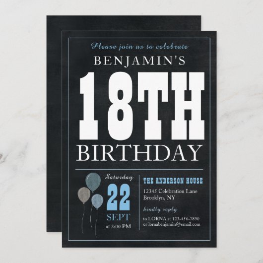 18e verjaardag Chalkboard Blue Balloon Roche Kaart (Voorkant / Achterkant)