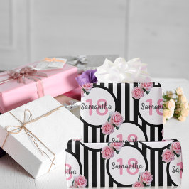 18e verjaardag chic roze rozen zwarte witte strepe cadeaupapier