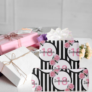 18e verjaardag chic roze rozen zwarte witte strepe cadeaupapier