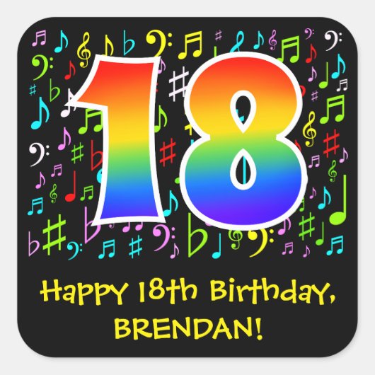 18e verjaardag: Colorful Music Symbols, Rainbow 18 Vierkante Sticker (Voorkant)