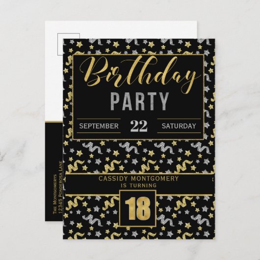 18e verjaardag Confetti in zwart en goud Uitnodiging Briefkaart (Voorkant / Achterkant)