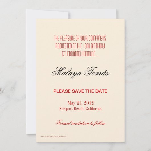 18e verjaardag Cotillion Debut Sparen de Datum Fot Save The Date (Achterkant)