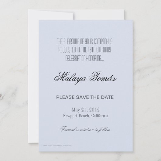 18e verjaardag Cotillion Debut Sparen de Datum Fot Save The Date (Achterkant)