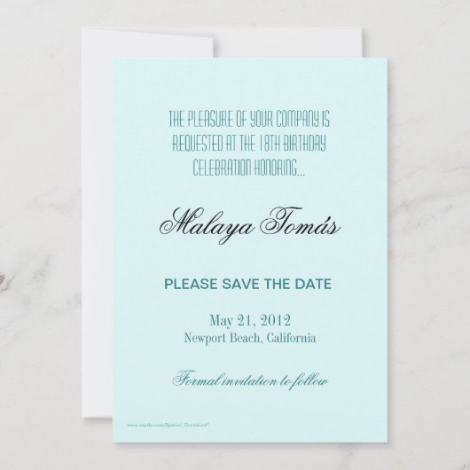 18e verjaardag Cotillion Debut Sparen de Datum Fot Save The Date (Achterkant)