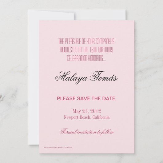 18e verjaardag Cotillion Debut Sparen de Datum Fot Save The Date (Achterkant)