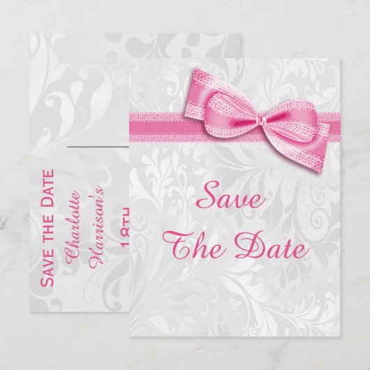 18e Verjaardag Damask en Faux Bow Save The Date Aankondigingskaart (Voorkant / Achterkant)
