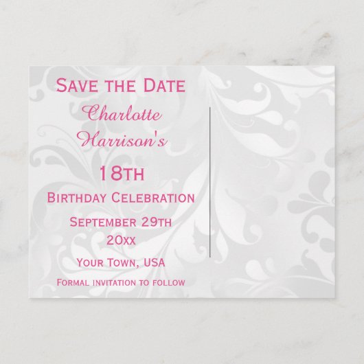 18e Verjaardag Damask en Faux Bow Save The Date Aankondigingskaart (Achterkant)