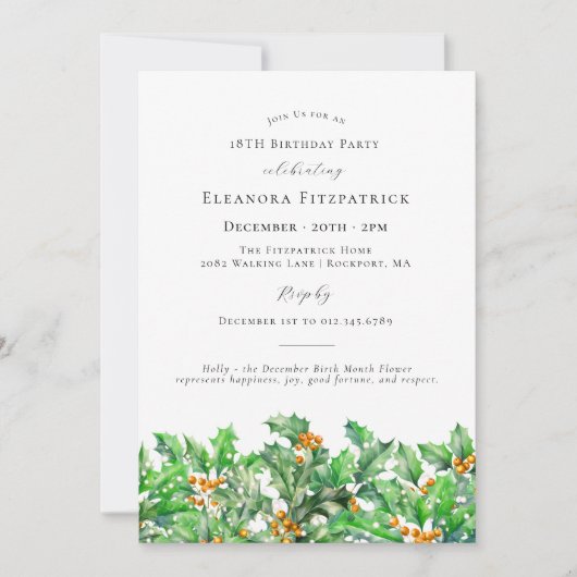 18e Verjaardag December Geboortemaand Bloem Holly Kaart (Voorkant)