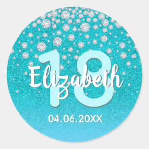 18e verjaardag diamanten glitter blauwgroen blauw  ronde sticker