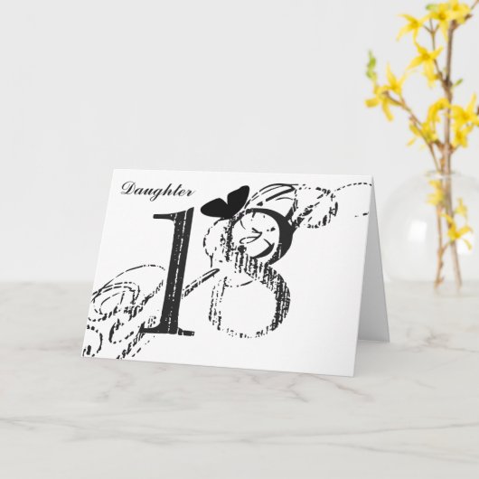 18e verjaardag, dochter, vlinder, zwart en wit. kaart (Gele Bloem)