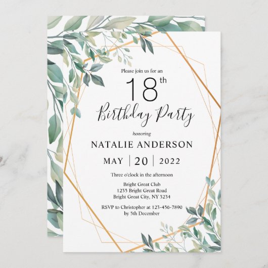 18e verjaardag Elegant Eucalyptus Greenery en Gold Kaart (Voorkant / Achterkant)