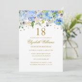18e verjaardag Elegante Blauw Goud Bloemen Uitnodi Kaart (Staand voorkant)